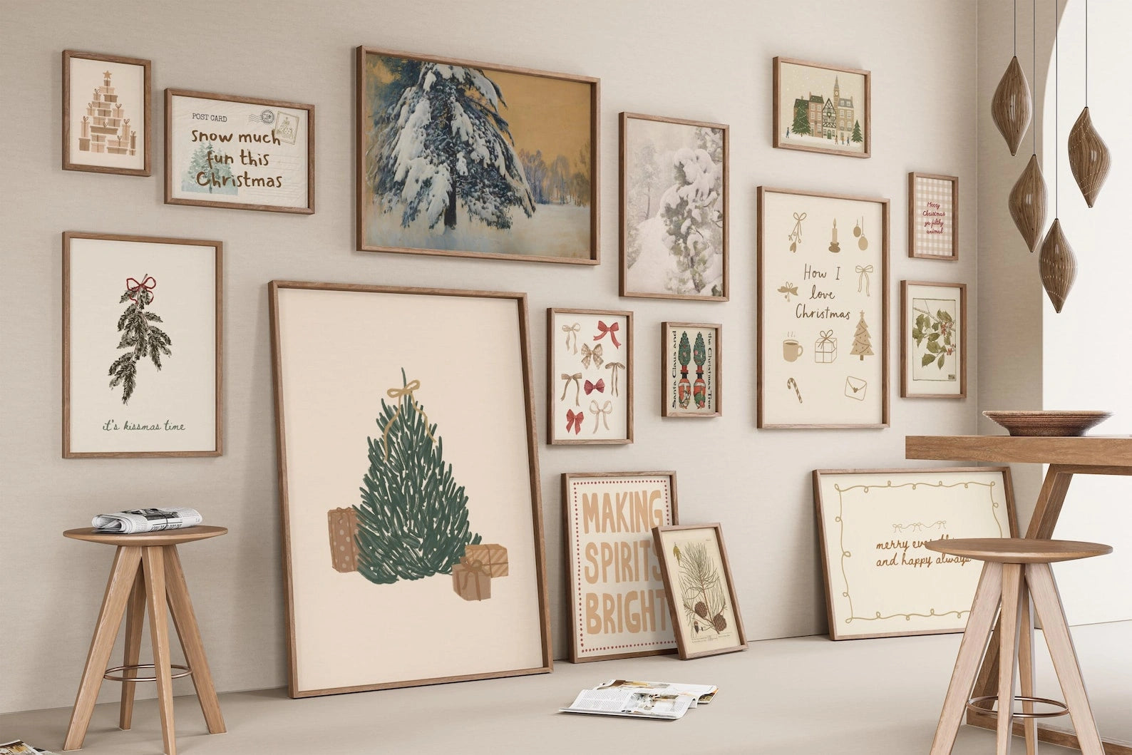 Hand-Drawn Neutral Holiday Set of 16 Prints